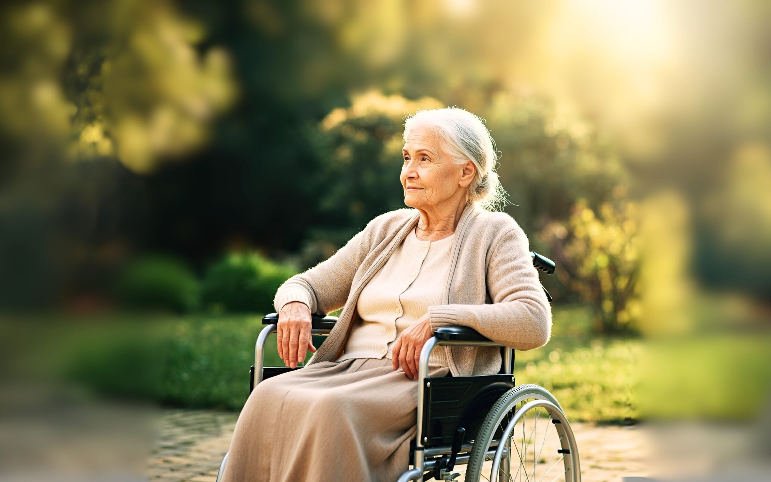 Idosa em cadeira de rodas ao ar livre, representando o cuidado oferecido no Lar de Idosos Vila Aconchego, que está contratando cuidadora para início imediato.