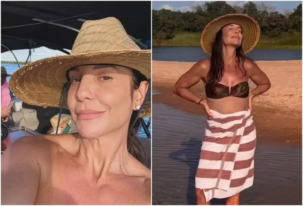 Ivete Sangalo na praia com um biquini preto na parte de cima e missanga listrada