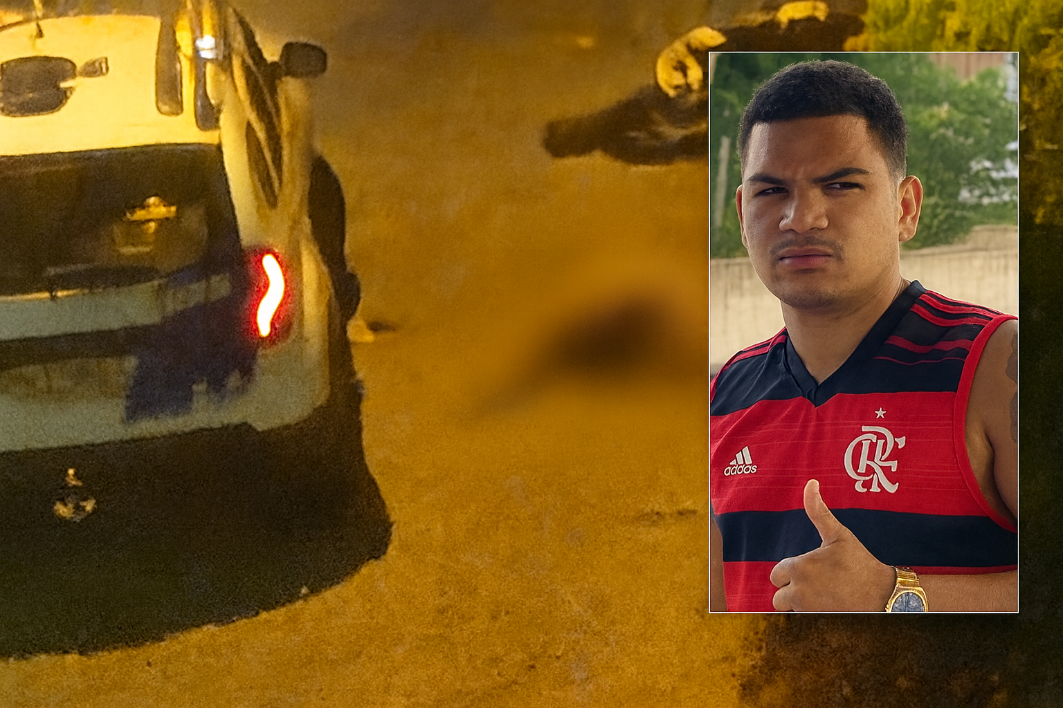 Montagem com foto noturna de uma rua onde uma viatura da Polícia Militar está parada ao lado de uma motocicleta caída e de uma área desfocada no chão. Ao lado direito, aparece a foto do jovem João Gomes Costa, usando camisa do Flamengo e fazendo sinal de positivo, inserida como quadro sobreposto à cena.