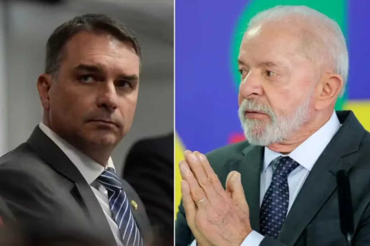 Montagem com dois homens em trajes formais: à esquerda, um político de terno escuro e gravata azul olha seriamente para a frente; à direita, outro político, de barba branca, também de terno e gravata, aparece com as mãos unidas em gesto de reflexão, sobre fundo colorido.
