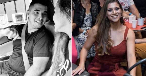Montagem com duas fotos: à esquerda, Cleilton Santana dos Santos aparece dentro de um carro conversando com uma mulher; à direita, a enfermeira Iris Rocha, grávida de oito meses, sorri sentada em um evento.