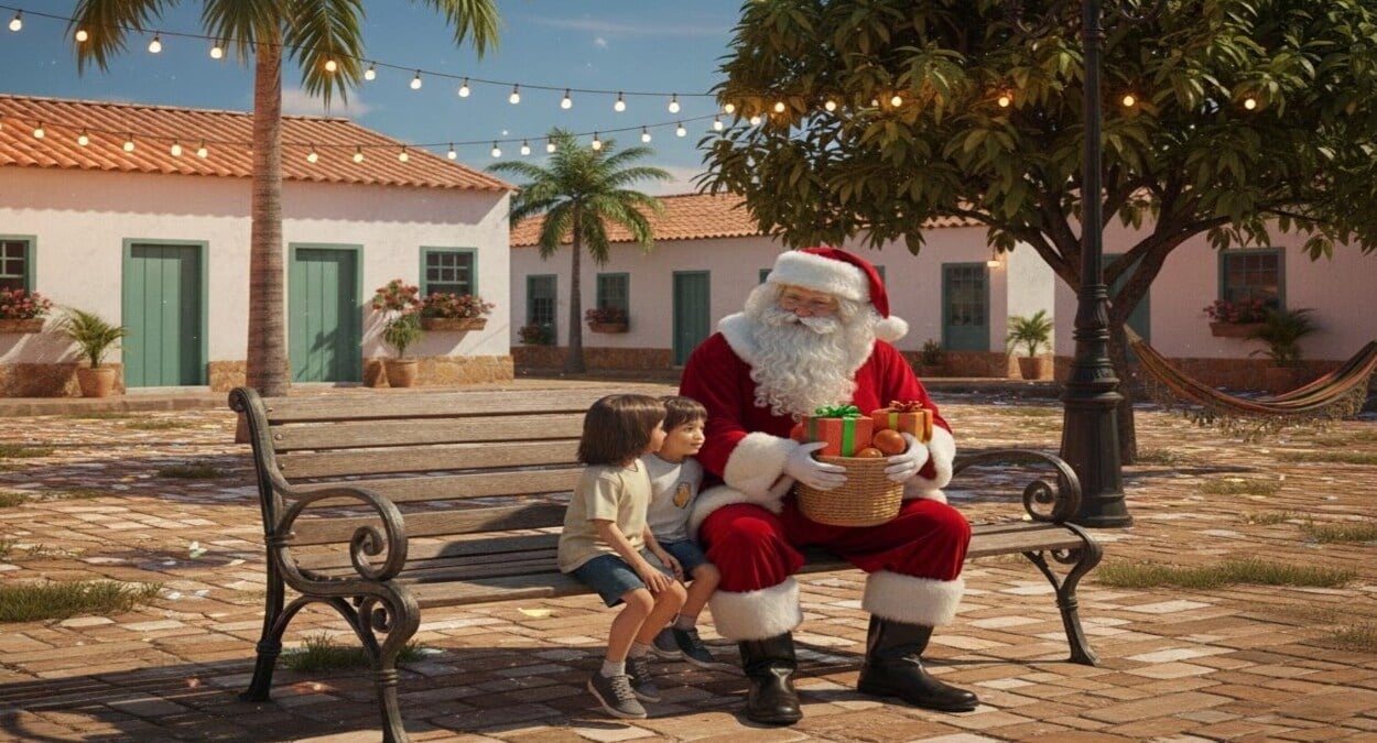 Papai Noel sentado em um banco conversando com uma criança em uma praça iluminada, ilustrando a chegada do Papai Noel em Itapemirim durante a programação de Natal.