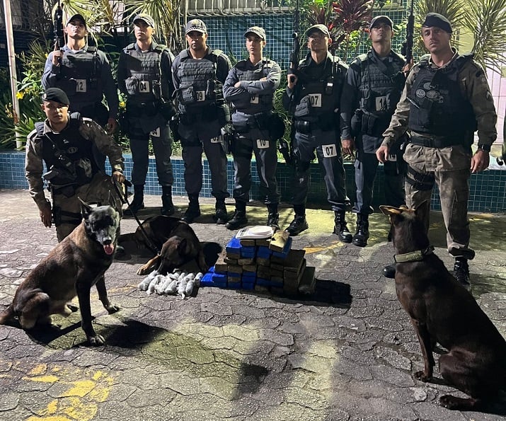 Imagem retrata policiais militares com cães farejadores após apreender 37 quilos de maconha.