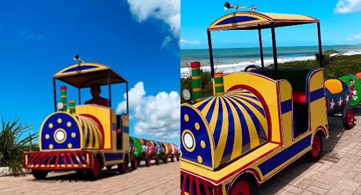 Trenzinho colorido do Ryso Trenzinho circulando na orla de Itaoca Praia, ilustrando o serviço de diversão para eventos na região sul do Espírito Santo.