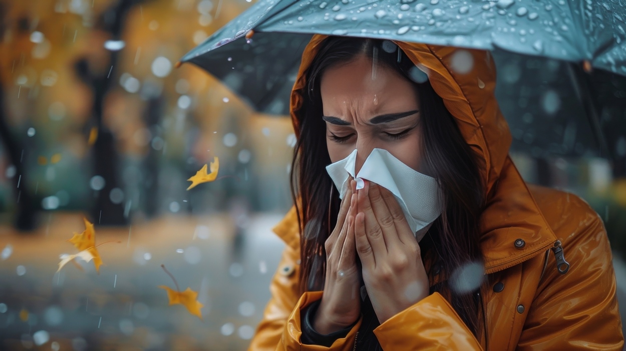 A foto mostra pessoa gripada na chuva