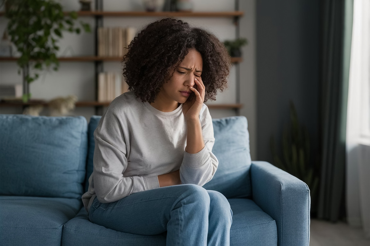 A foto mostra uma mulher doente