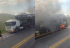 Caminhão-cegonha pega fogo na Safra em Cachoeiro