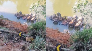 VÍDEO | Caminhão cai em rio após motorista desviar de moto em Cachoeiro