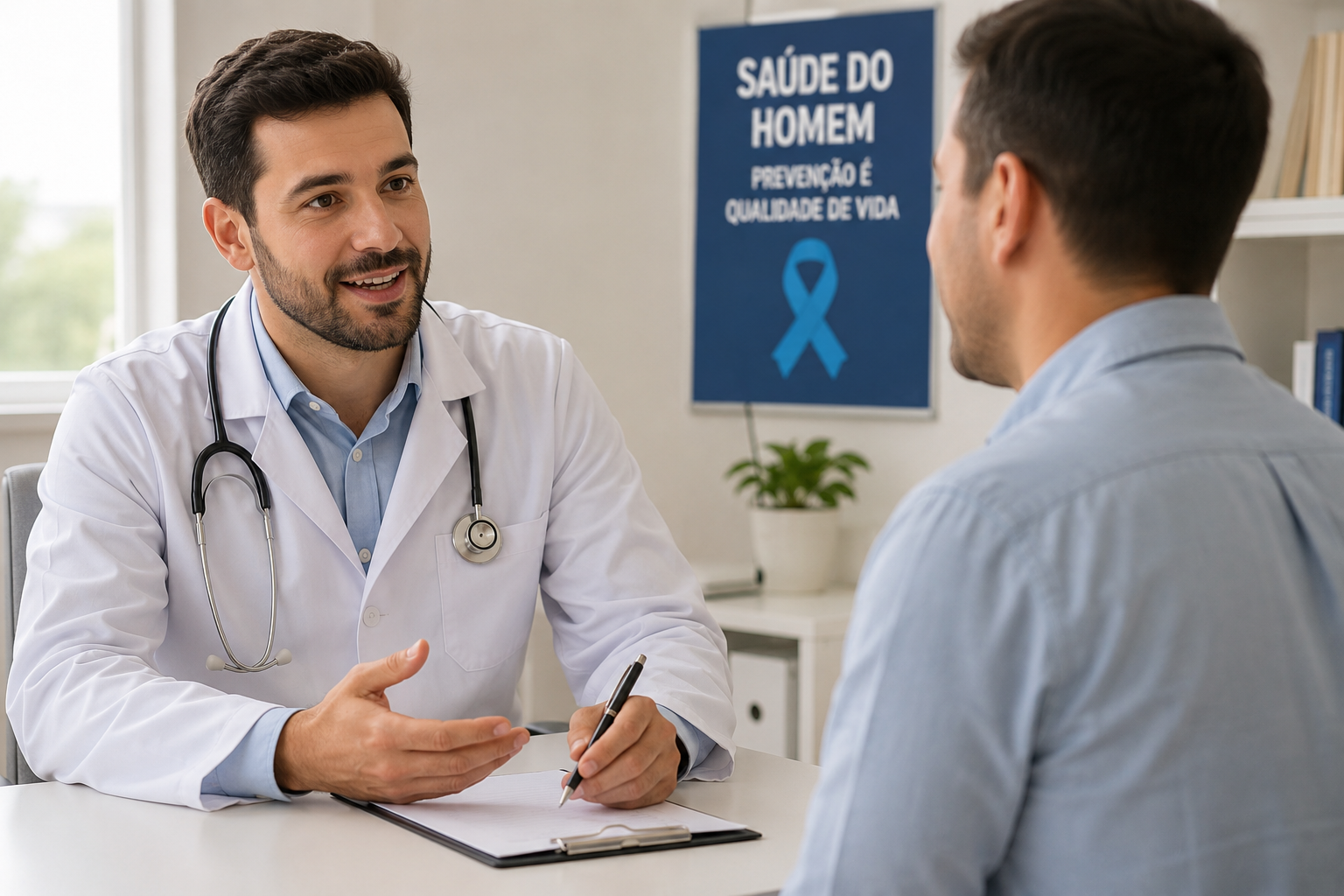 Médico conversa com paciente durante consulta em um consultório. Ao fundo, um cartaz azul traz a mensagem “Saúde do Homem: prevenção e qualidade de vida” e o símbolo de um laço azul.