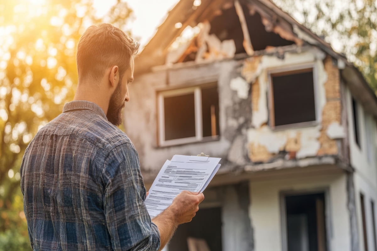Homem com prancheta observa uma casa com telhado e fachada danificados durante uma inspeção.