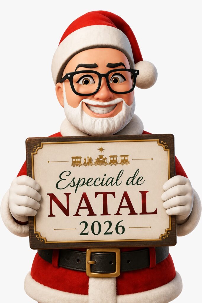 Papai Noel em estilo 3D, usando óculos, segura uma placa com a frase “Especial de Natal 2026”.
