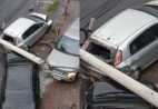 Carro de luxo bate em dois veículos e derruba poste em Cachoeiro