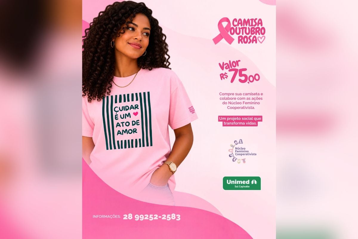 A foto mostra a camisa do Outubro Rosa da Unimed Sul Capixaba